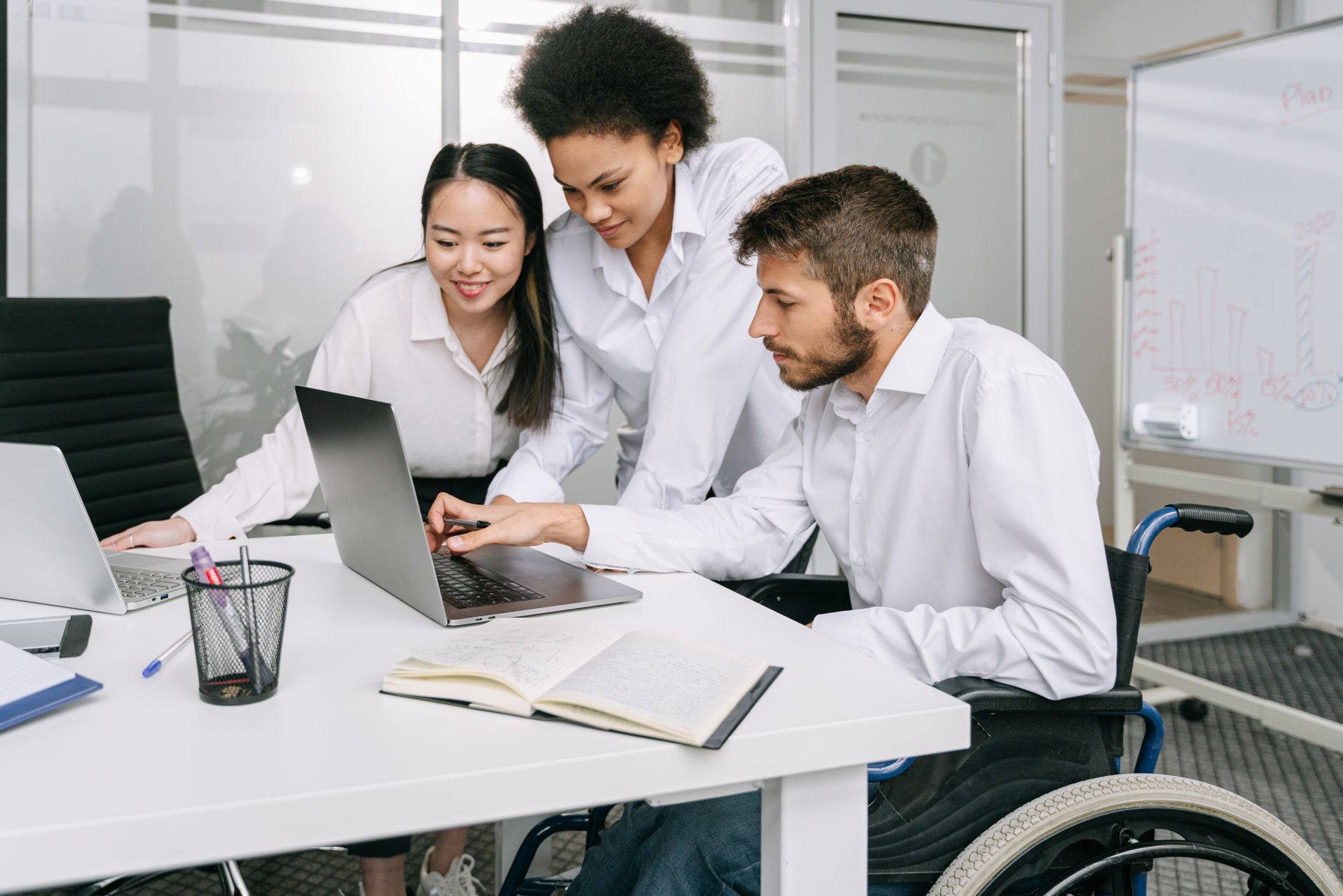 inclusive diverse workplace office team meeting disability — stock photo