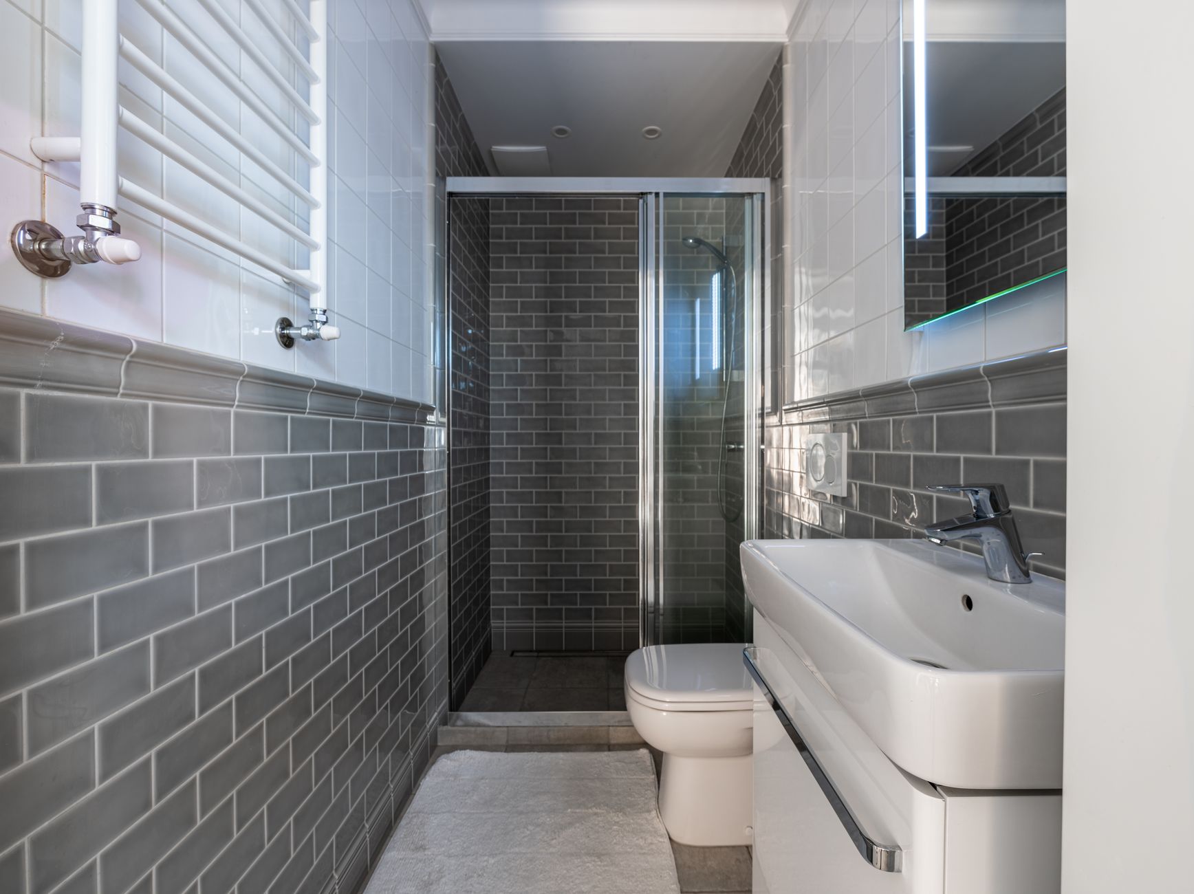 accessible bathroom renovation grab rails modern tile — stock photo