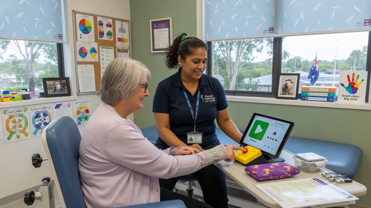 Occupational therapist working with an NDIS participant on assistive technology in a bright therapy room