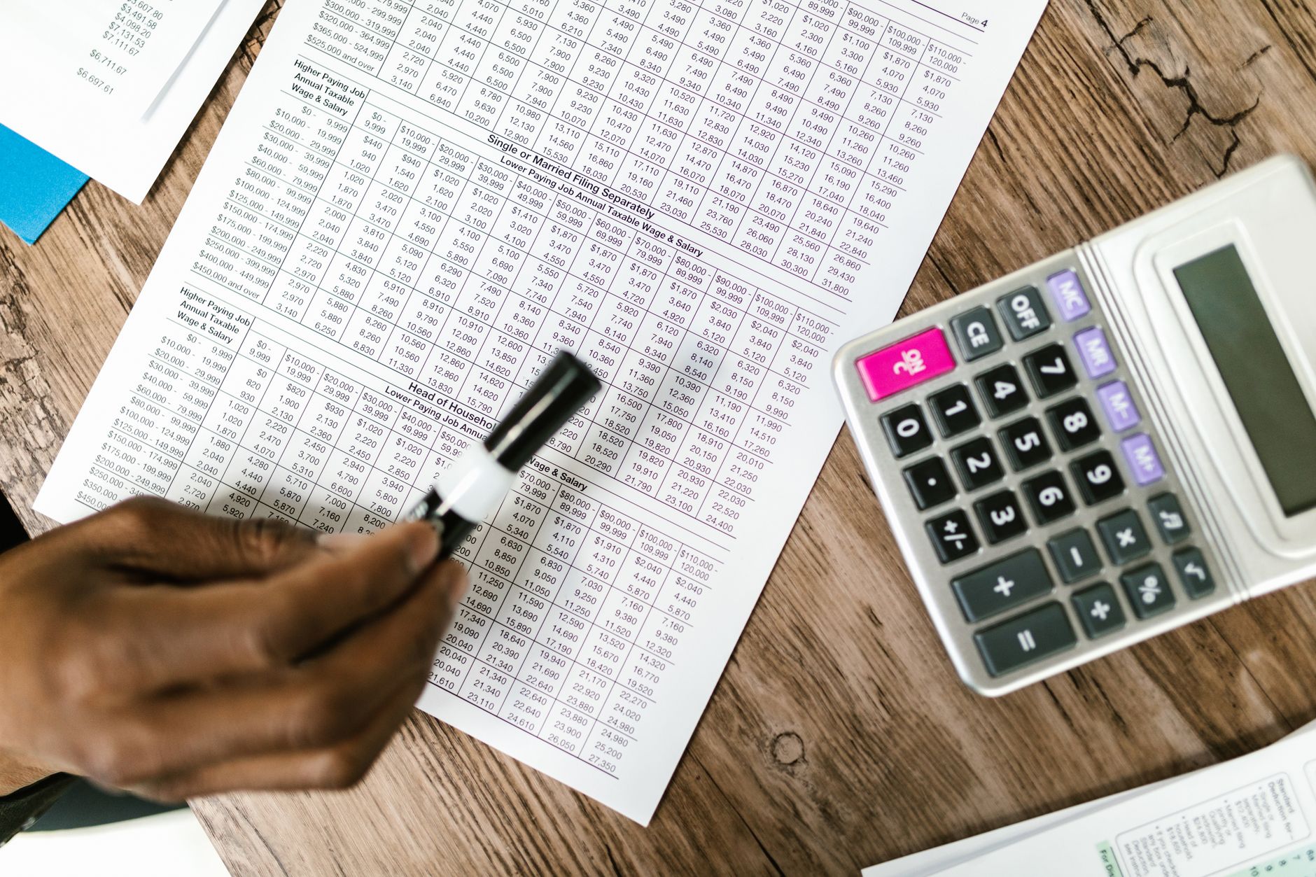 calculator budget finance planning documents spreadsheet — stock photo