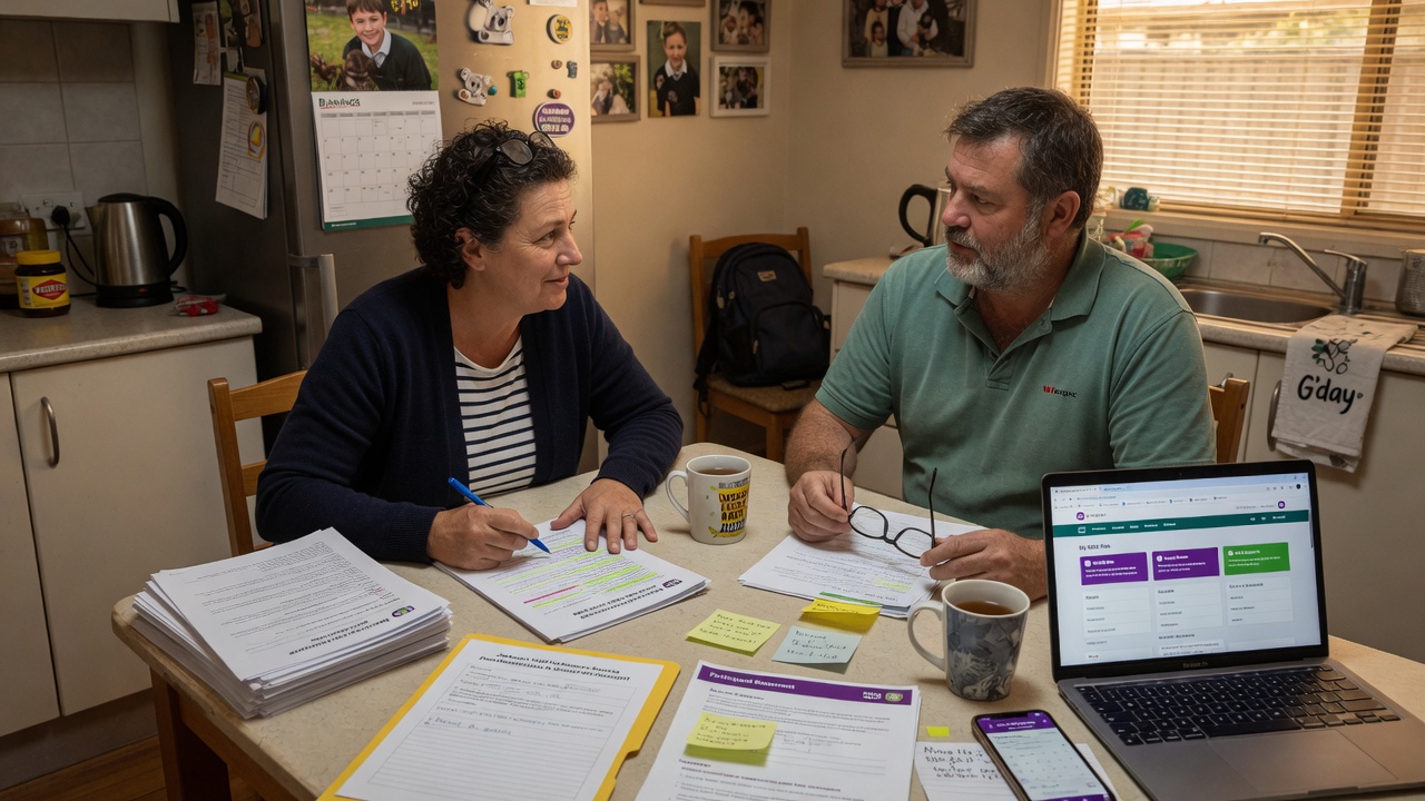 Couple at kitchen table reviewing NDIS documents together on laptop, preparing for plan reassessment