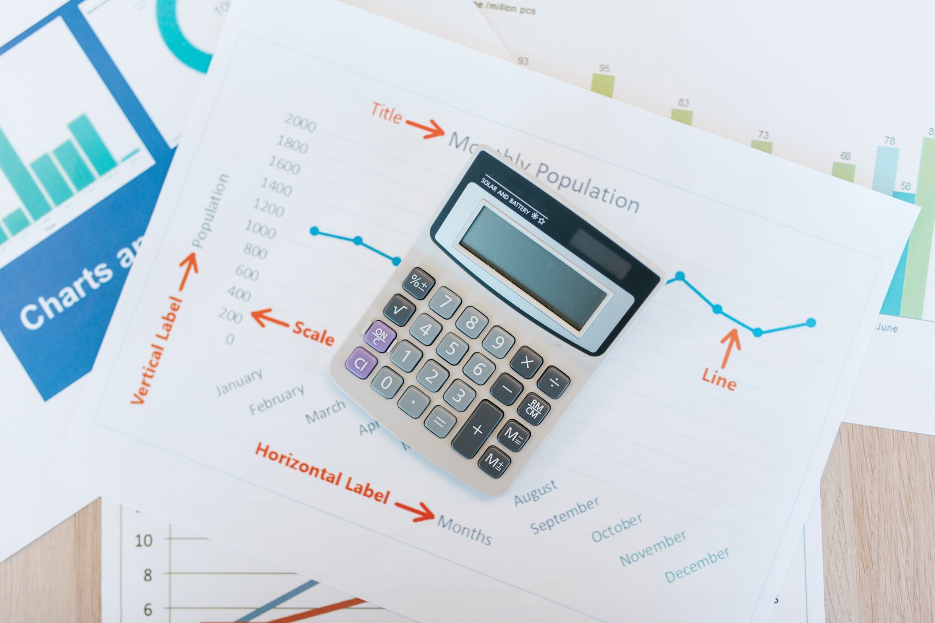 financial report documents desk office professional calculator — stock photo