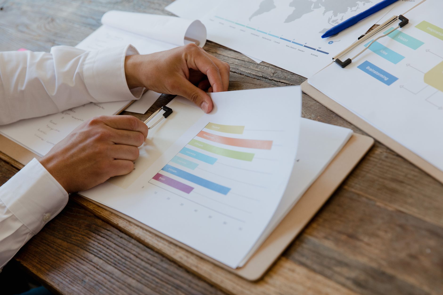 comparing documents papers decision desk — stock photo