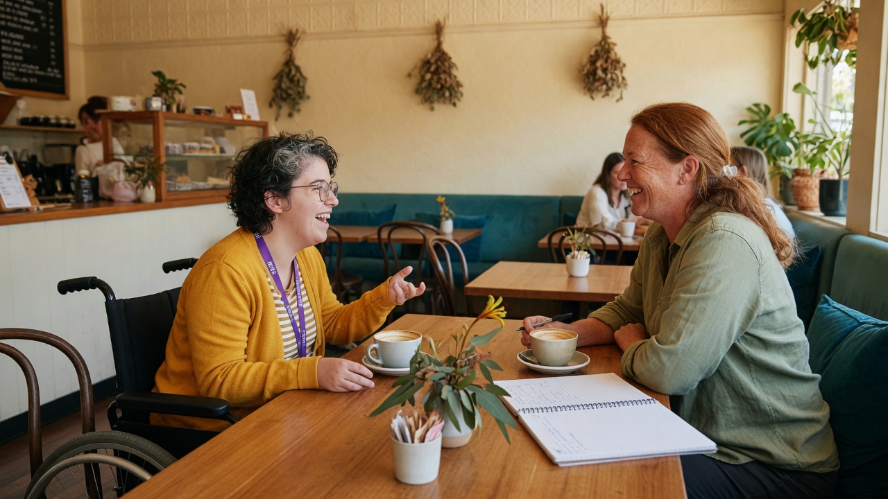 A person with disability chatting with a plan manager at a warm café setting, going through questions together