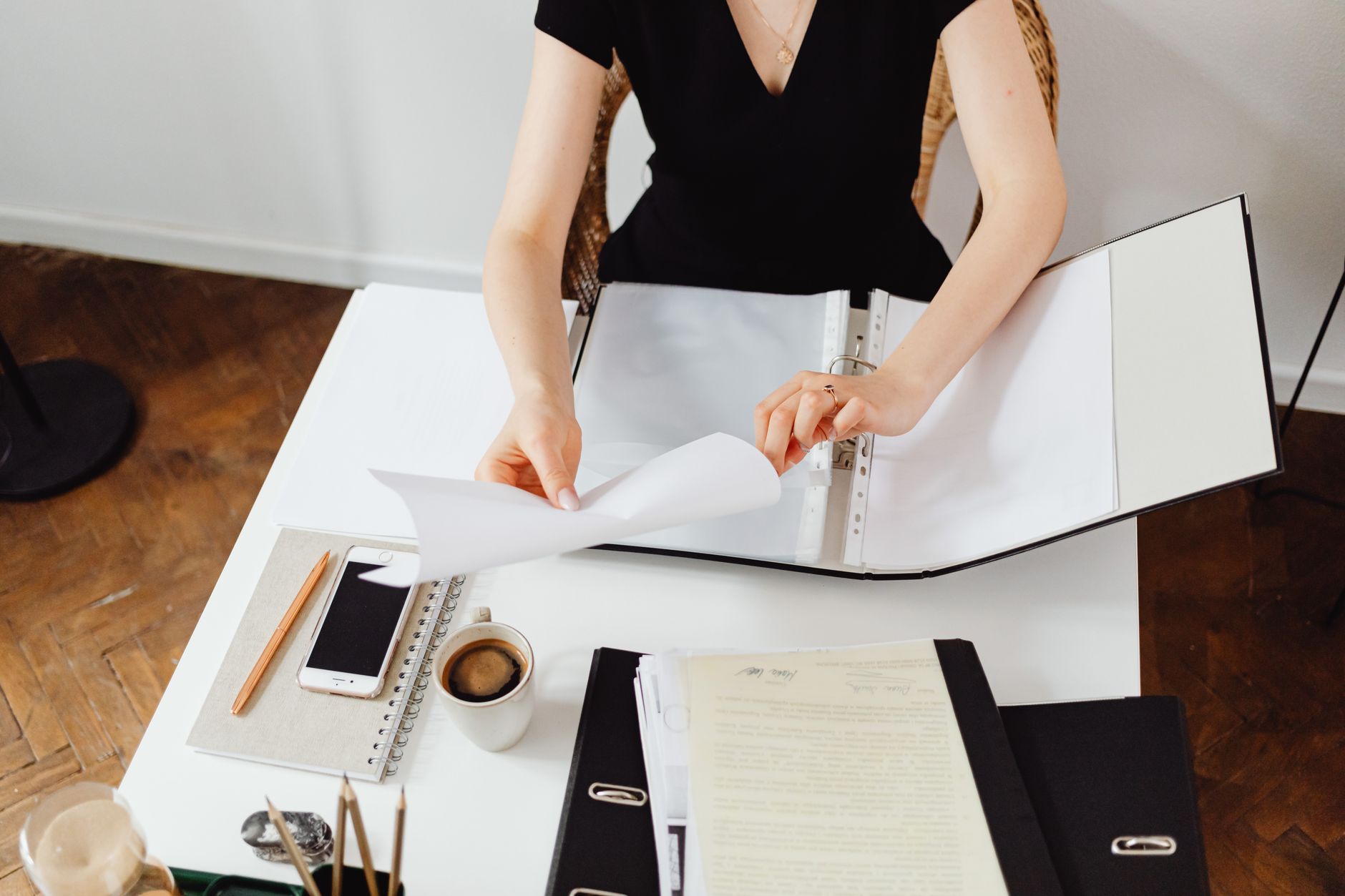 organizing documents files folder desk preparation professional — stock photo