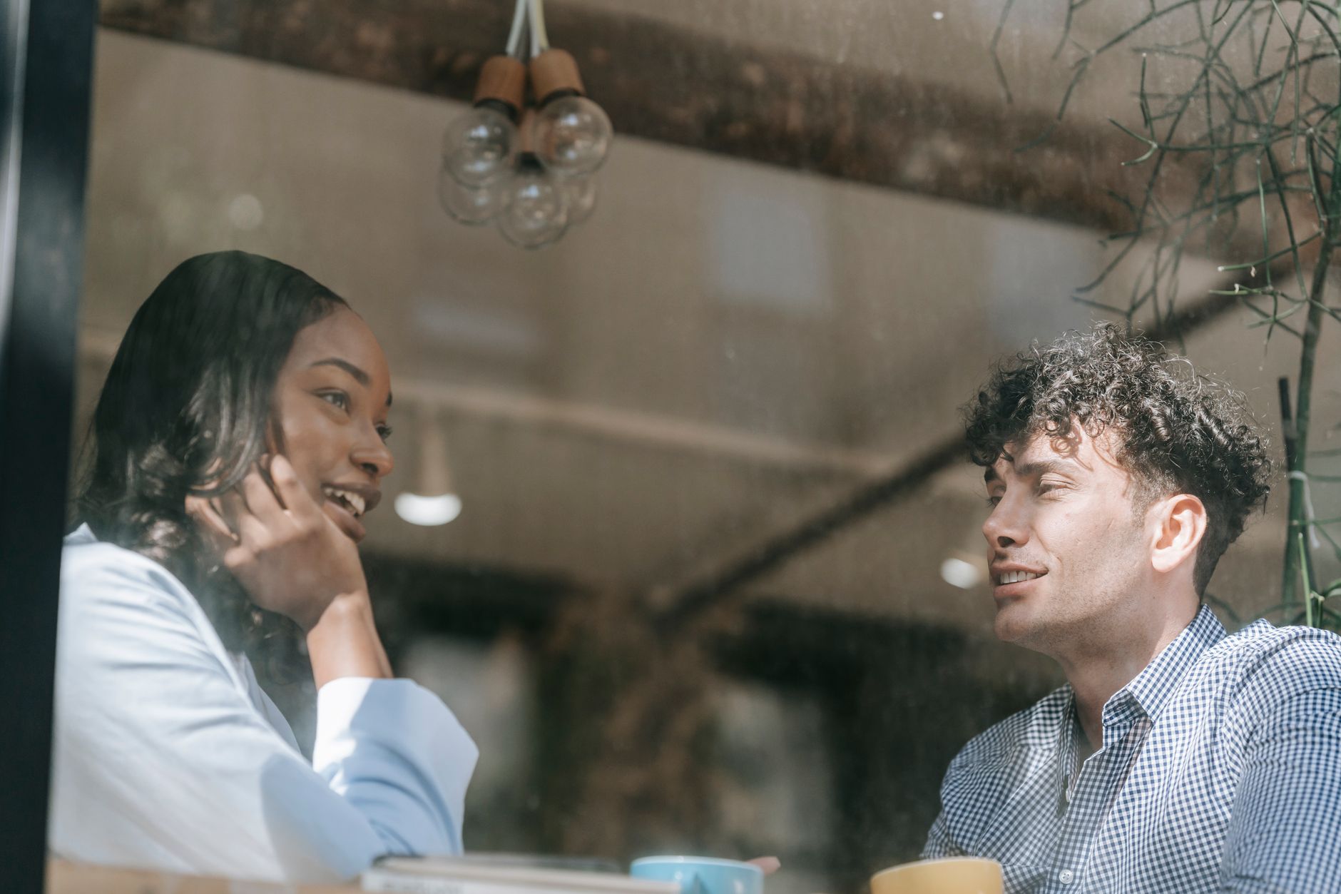 friendly conversation coffee meeting two people planning — stock photo