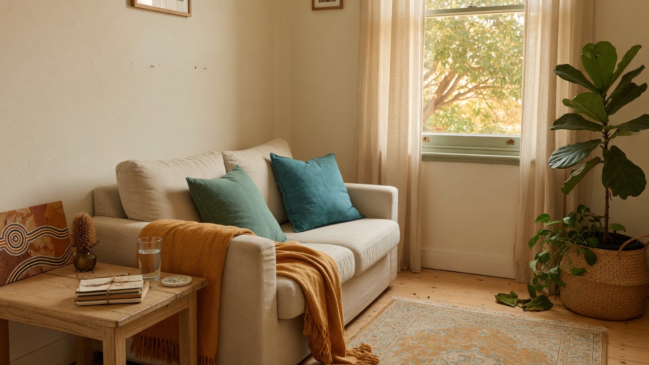 A calm, warm therapy room with cream walls, comfortable armchair with amber throw, and soft natural light — an inviting space for psychology or counselling sessions