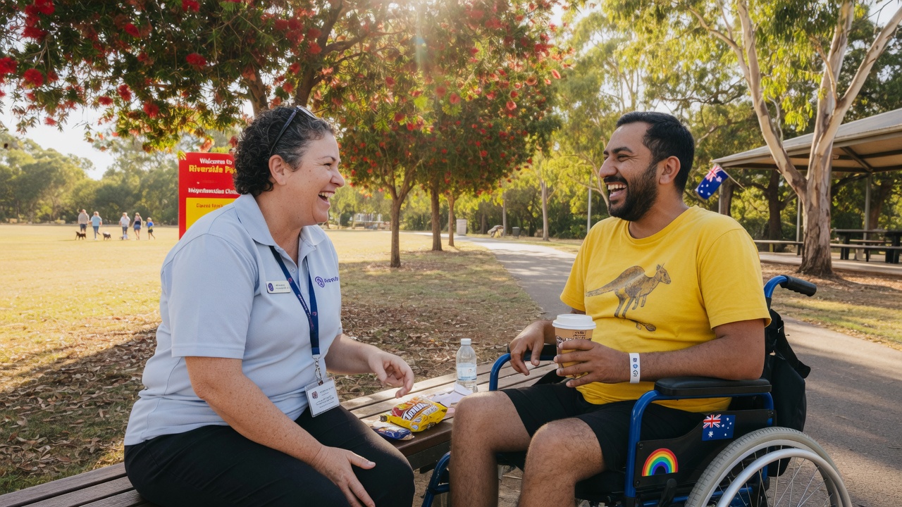 NDIS participant and support worker enjoying a conversation in a sunny Australian park