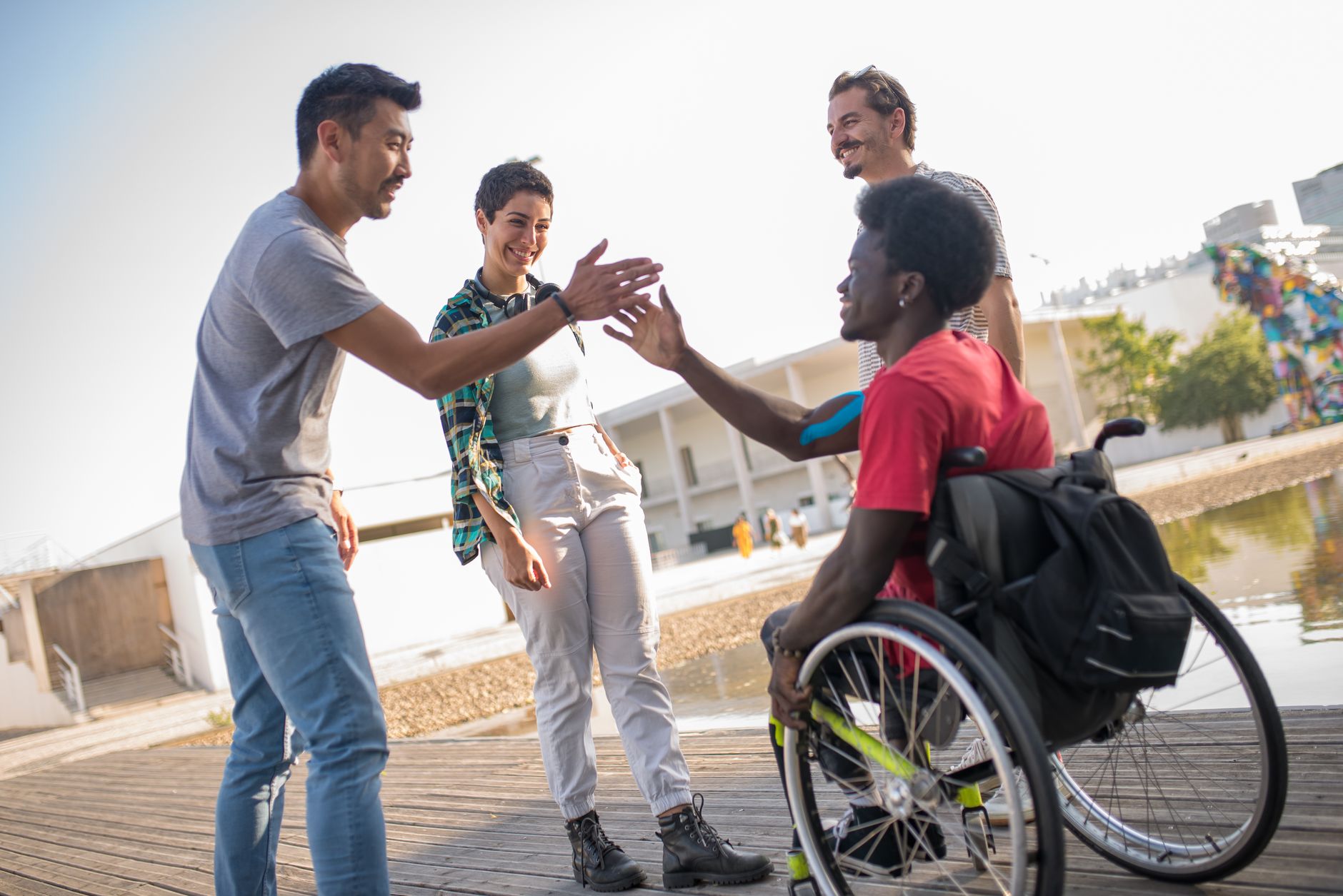 diverse disability community group support park — stock photo